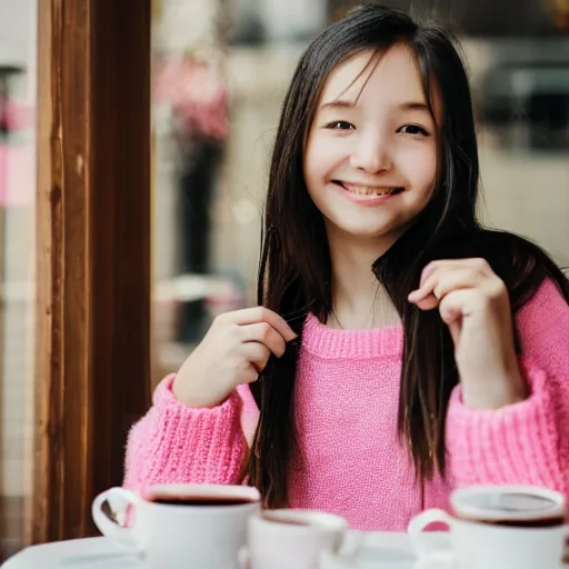 Image similar to cute girl in a pink sweater with a teddy bear sits in a cafe photo, medium shot, 8 5 mm