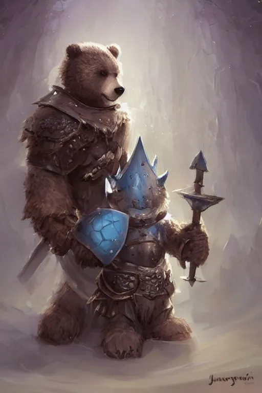 Image similar to cute little anthropomorphic bear knight wearing a cape and a crown, tiny, small, miniature bear, baby animal, short, pale blue armor, cute and adorable, pretty, beautiful, DnD character art portrait, matte fantasy painting, DeviantArt Artstation, by Jason Felix by Steve Argyle by Tyler Jacobson by Peter Mohrbacher, cinematic lighting