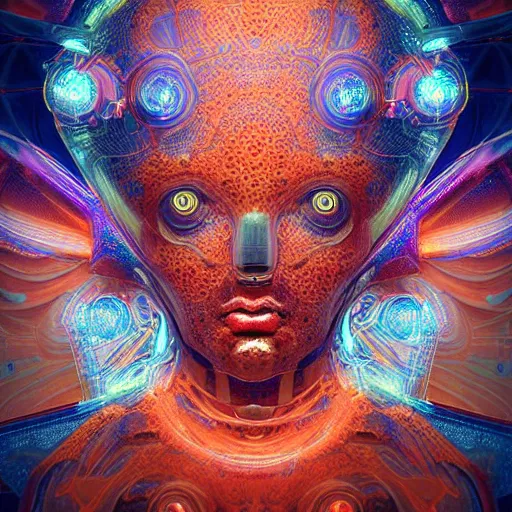 Image similar to Face of a Alien Deity, corals, circuitry, plume made of geometry, extremly detailed digital painting, sharp focus in the style of android jones, artwork of a futuristic artificial intelligence superstar with frames made of detailed circuits, mystical colors, rim light, beautiful lighting, 8k, stunning scene, raytracing, octane, under water visual distortion, dark tones colors, trending on artstation