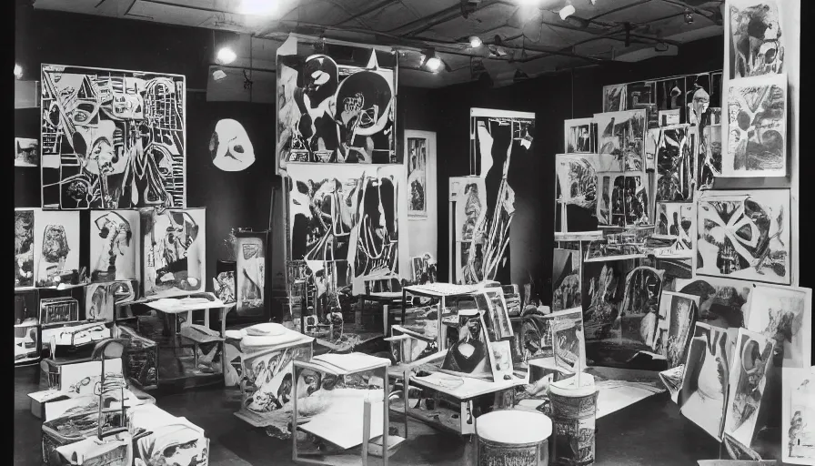 Image similar to A black and white photography of an exhibition space with objects of Sun Ra, Marcel Duchamp and tropical plants, 60s, offset lithography print, newspaper, distant shot