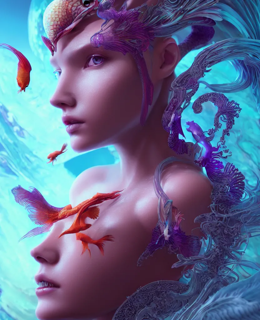 Image similar to goddess close-up portrait. orchid bird phoenix head, nautilus, skull, betta fish, bioluminiscent creatures, intricate artwork by Tooth Wu and wlop and beeple. octane render, trending on artstation, greg rutkowski very coherent symmetrical artwork. cinematic, hyper realism, high detail, octane render, 8k