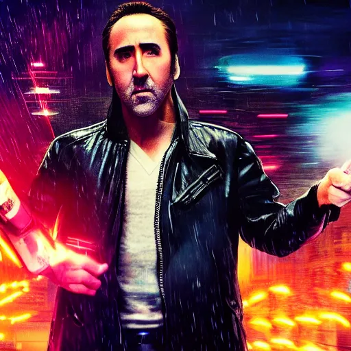 Prompt: glamour photo shot of nicolas cage with crazy grin and dramatic lightning and backlightning, bladerunner 2 0 4 9, highly detailed