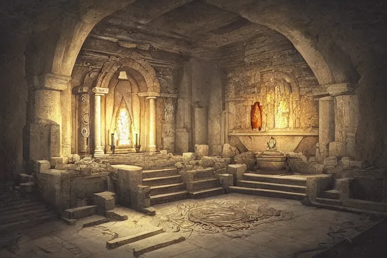 Prompt: “Ancient underground temple in dim lighting, high ceilings, with a hooded cult member facing an altar, concept art, digital painting by Shaddy Safadi”