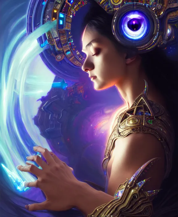 Image similar to a whirlwind of souls rushing inside the metaverse, half body, glowin eyes, tiara with sapphire, pharaoh, android, cyberpunk, d & d, fantasy, intricate, elegant, highly detailed, colorful, vivid color, digital painting, artstation, concept art, art by artgerm and greg rutkowski and alphonse mucha and ruan jia