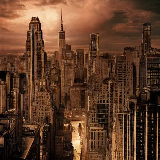 Image similar to gollum taller than the buildings in new york, by peter jackson, photographic still, intense, at night