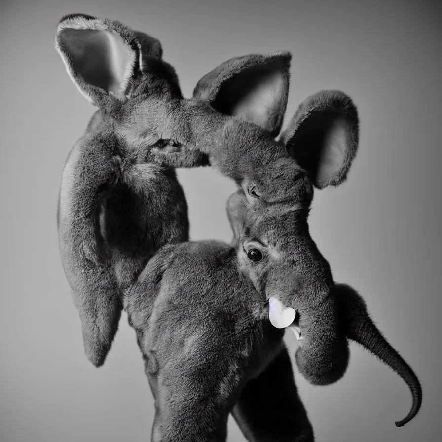 Prompt: rare classified photo, black & white, studio lighting, a tall skinny elephant rabbit with ears like flower, laughing, real fur and real skin
