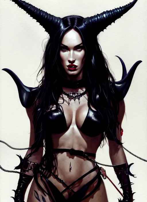 Prompt: portrait of megan fox as a evil demon with hornes, collar and leash, batwings, hell, dark, intricate, headshot, key visual, conceptart, ambient lighting, highly detailed, digital painting, artstation, concept art, sharp focus, by makoto shinkai and akihiko yoshida and greg manchess