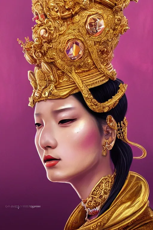 Image similar to a beautiful empress portrait, with a brilliant, impossible striking shiny big gold headpiece, gold clothes, rococo, baroque, jewels, asian, realistic, closeup, D&D, fantasy, intricate, elegant, highly detailed, digital painting, artstation, octane render, 8k, concept art, matte, sharp focus, illustration, art by Artgerm and Greg Rutkowski and Alphonse Mucha