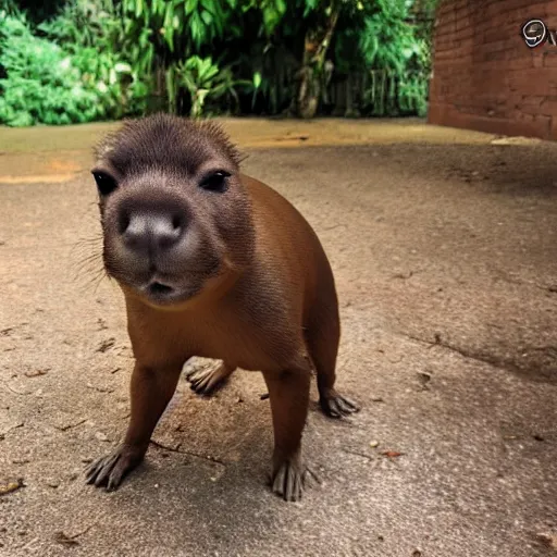 Prompt: photo of an happy capibara looking at the camera