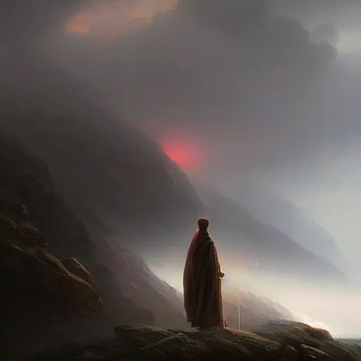 Prompt: epic portrait an hooded mage walking on cloudy hills, ripped cape, blurred backround, broad light, ambient occlusion, volumetric light effect, made by ivan aivazovsky, peter mohrbacher, greg rutkowski, matte painting, trending on artstation, 4 k, perfectly defined features, digital painting,