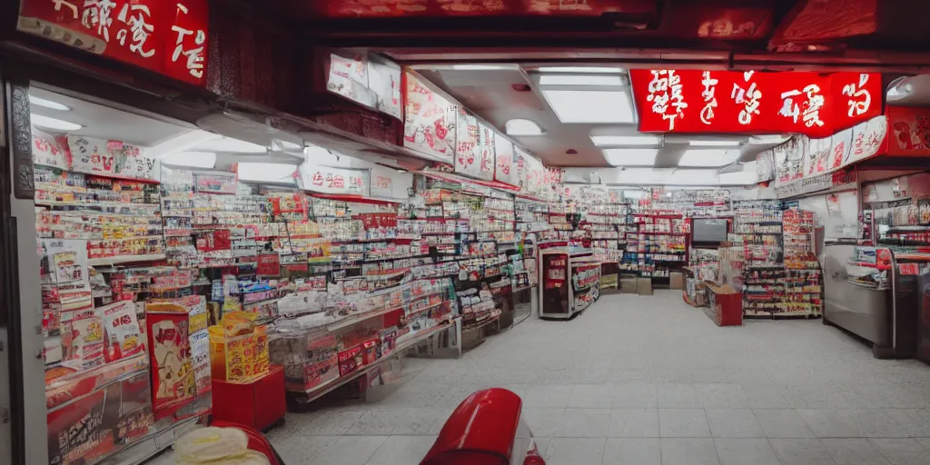 Image similar to interior of a japanese convenient store after midnight, large windows with a view of a parking lot, grey interior, low lights, red glow of japanese neon signs, kitchen in the background, desolate, cinematic, 8 k