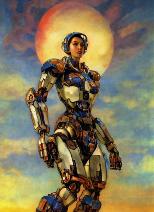 Image similar to biblical mecha slim female, dynamic pose, in clouds, sunset, big eyes, portrait by mikhail vrubel, studio lighting, muted colors, by frank frazetta, extreme detail, reflections, trending on artstation, 8 k