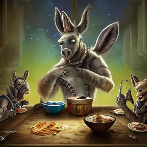 Image similar to zoom out, ultrarealistic, ultradetailed, war donkey eating breakfast, sitting on a futuristic table with aliens, at the end of the universe, very very very ultradetailed, epic fantasy style art, fantasy epic digital art, epic fantasy art, hearthstone style art, pathfinder, dungeons and dragons, floral, planets, stars, galaxies, highlights, organic, concept art