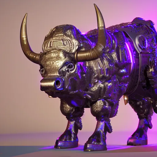 Image similar to a cybertronic buffalo-bull, leds, high detail, sharp, studio, digital art, octane render, redshift, blender-hard-surface, cinema-4d, houdini-hard-surface, machin3, mx2