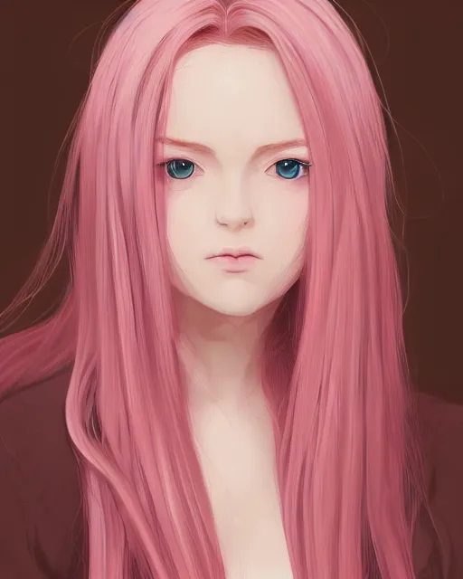 Image similar to a portrait of a young woman with very long pink hair undulating on the wind, light brown eyes, slightly chubby, pale skin, pretty, cute, by ghibli, trending on artstation