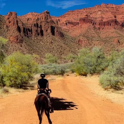 Image similar to horse spirit with lucky on his back riding next to a canyon riding into the sunset