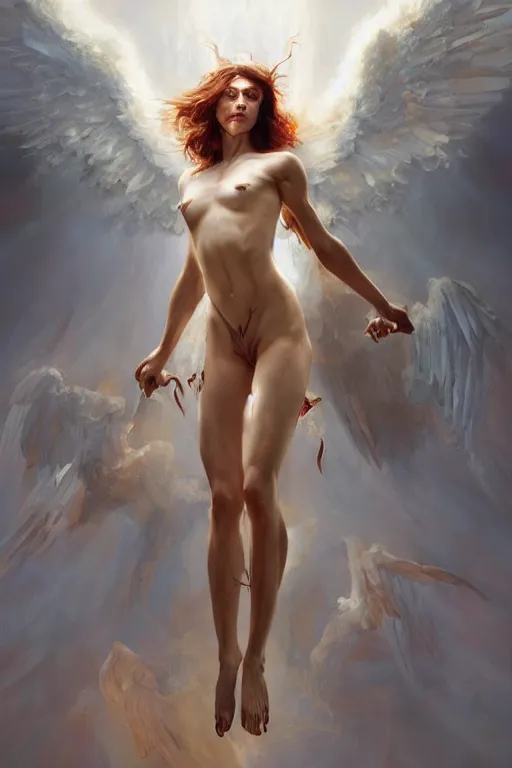 Prompt: >> dynamic professional painting of a beautiful godness archangel action pose , avant garde style olive skin, long hair, symmetrical facial features, intricate, elegant, digital painting, concept art, smooth, sharp focus, illustration, by Ruan Jia and Mandy Jurgens and Artgerm and William-Adolphe Bouguerea