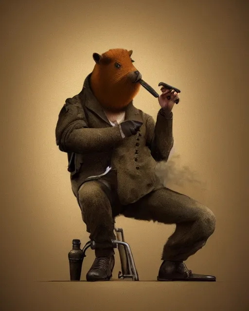 Image similar to oil painting of the profile side of a realistic anthropomorphized capybara holding a smoking pipe in his right hand, with old detective clothes, close shot, full body, dark steampunk mine shaft background, sharp focus, fantasy style, octane render, volumetric lighting, 8k high definition, by greg rutkowski, highly detailed, trending on art Station, dungeons and dragons artwork, centered