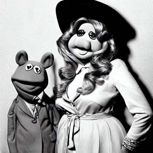 Image similar to miss piggy cheating on kermit the frog with bob dylan