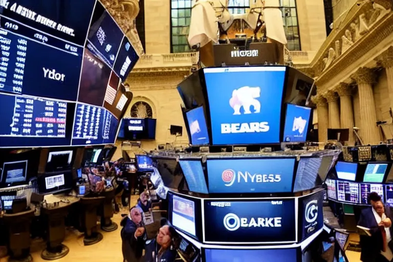 Image similar to bears screaming on the floor of the NYSE as the markets rally to all-time-highs, high definition color photograph