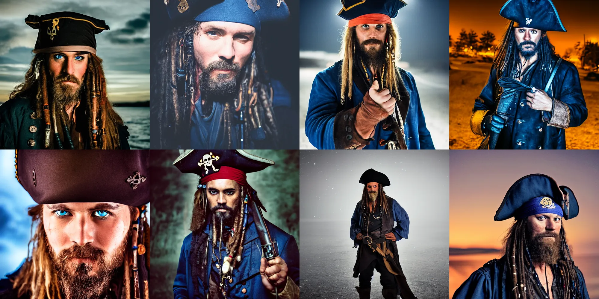 Prompt: night time, dark night, night photography, photo of a pirate captain with blue eyes and long brown bear and hair, faded worn blue coat and black hat, rugged and dirty, 50mm sigma lens, movie shot, color graded, 4k trailer