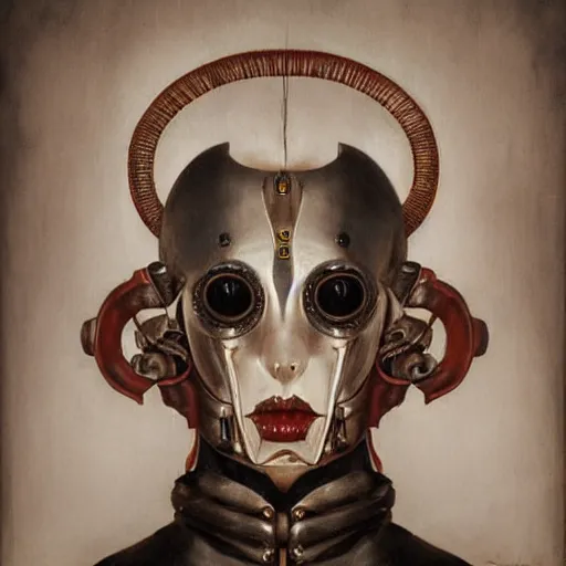 Prompt: symmetrical semi - realistic modern art deco mysterious creepy portrait of automaton fearful in the style of michael hussar highly detailed sharp focus