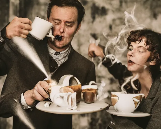 Prompt: incredible absurd surreal closeup photoshoot advertisement for coffee, people enjoying coffee in the style of tim walker and by terrence malick, people pouring coffee on each other, celebration of coffee products, faces of too much caffeine, vsco film grain