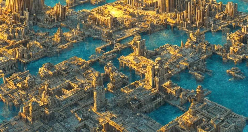 Image similar to ancient city of atlantis with big buildings in gold, fantasy, magical, cinematic, establishing shot, volumetric lighting, extremely detailed, intricate, sharp focus, coherent