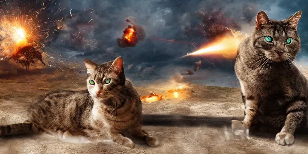 Image similar to cyborg cat, on a horse, an explosion on the background, punished, war, hyperrealistic, sharp focus, award winning photo