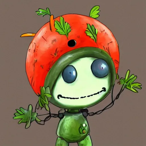 Image similar to little happy robot made of plants with big tomato hat and a carrot sword, made in abyss style