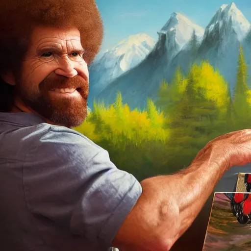 Image similar to a closeup photorealistic photograph of bob ross working on a canvas painting of deadpool. film still. brightly lit scene. mountains and trees. this 4 k hd image is trending on artstation, featured on behance, well - rendered, extra crisp, features intricate detail, epic composition and the style of unreal engine.