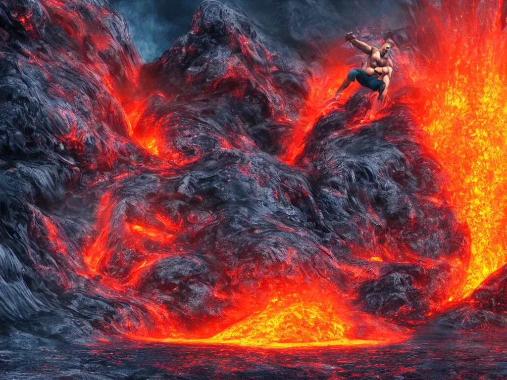 Image similar to portrait of a bodybuilder on surfing board inside erupting volcano, lava splashes, stunning scene, 8 k, extremely detailed digital painting, depth, bright colors, trending on artstation