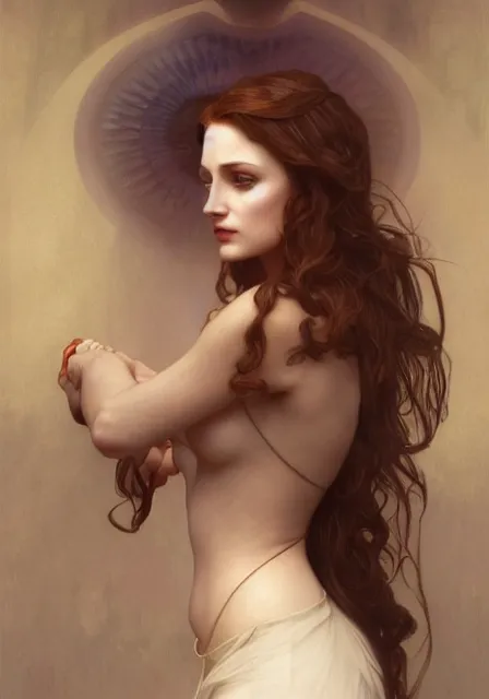 Image similar to sansa angeline jolie gessica chastain sea, intricate, elegant, highly detailed, digital painting, artstation, concept art, smooth, sharp focus, illustration, art by artgerm and greg rutkowski and alphonse mucha and william - adolphe bouguereau