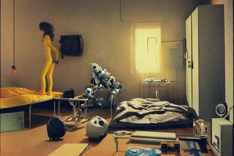 Image similar to IKEA catalogue photo, cyberpunk teenager bedroom, robots, by Beksiński