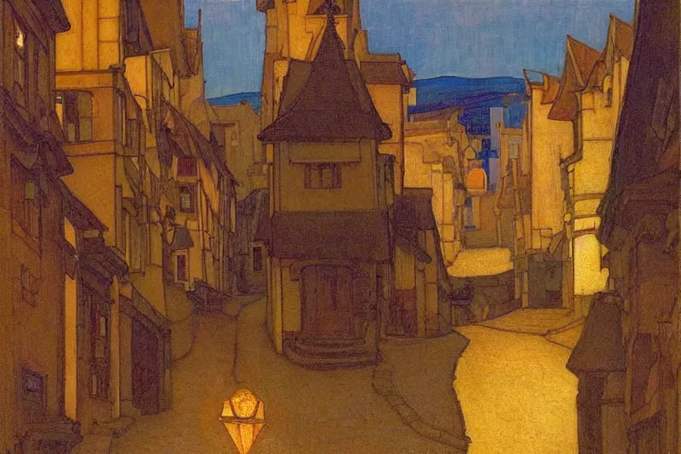 Image similar to winding street in a very old city by Annie Swynnerton and Nicholas Roerich and jean delville, glowing paper lanterns, strong dramatic cinematic lighting , ornate tiled architecture, lost civilizations, smooth, sharp focus, extremely detailed