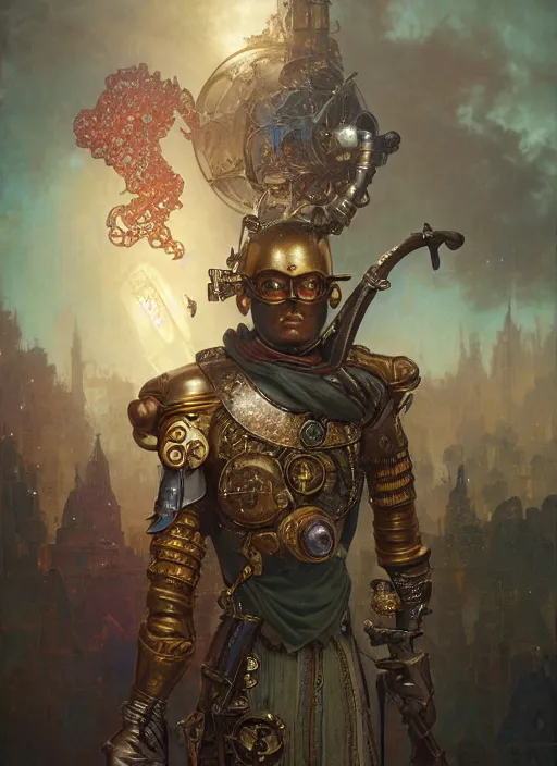 Image similar to hyper realistic knight casting a spell, refined details, denoised, birds eye view, magical, gems, jewels, gold, steampunk, cyberpunk utopia, painted by tom bagshaw, mucha, gaston bussiere, craig mullins, j. c. leyendecker 8 k