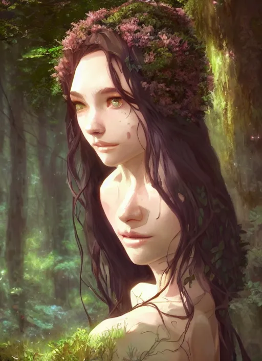 Image similar to a portrait a dryad in a forest, intricate, tone mapped, ambient lighting, highly detailed, digital painting, artstation, concept art, sharp focus, by makoto shinkai and akihiko yoshida and hidari and wlop