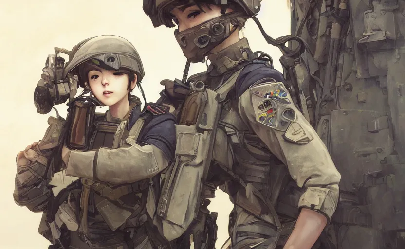 Image similar to portrait of mechanized soldier girl, anime style, urban in background, soldier clothing, combat helmet, short hair, hair down, symmetrical facial features, from arknights, hyper realistic, 4 k, rule of thirds, extreme detail, detailed drawing, trending artstation, hd, d & d, realistic lighting, by alphonse mucha, greg rutkowski