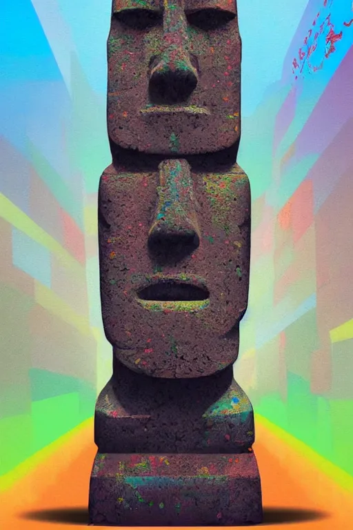 Prompt: moai statue popart slap face caricature cartoon graffity street digital artstation colorful vibrant beeple, by thomas kinkade