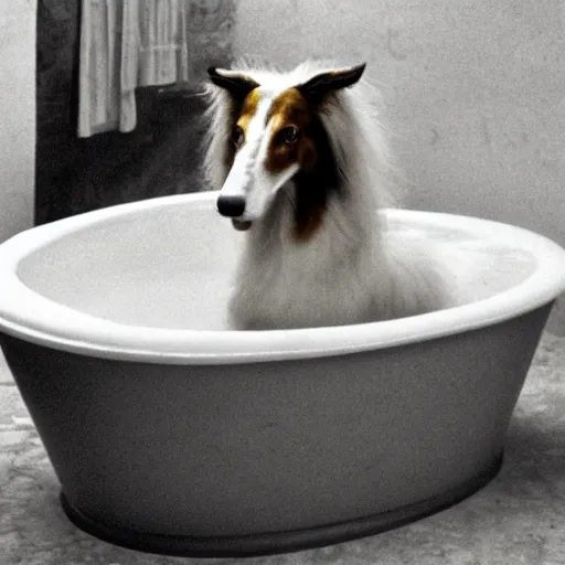 Prompt: borzoi with a drink in a bath tub