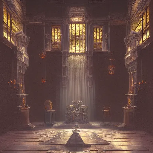 Image similar to Digital art of the opulent throne room Imperial matte finish, ominous dramatic wide angle, god rays Marc Simonetti