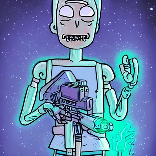 Image similar to portrait of alien rick holding a cybernetic rifle, rick and morty forever and forever a hundred years! g