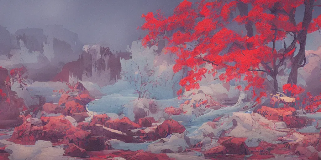 Image similar to landscape painting by james jean, redshift, octane