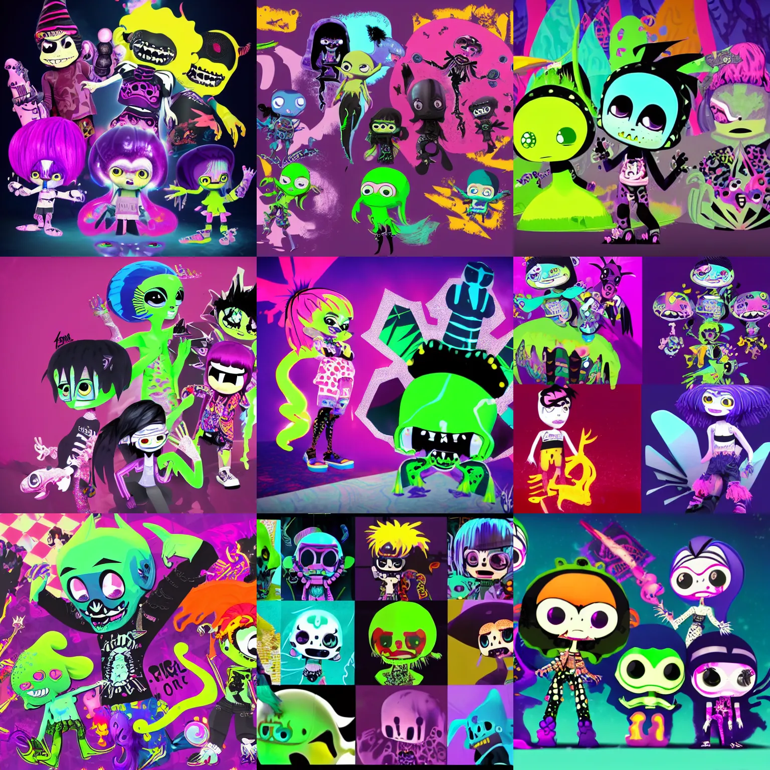 Prompt: CGI lisa frank gothic punk vampiric rockstar underwater caustics vampire squid character designs of various shapes and sizes by genndy tartakovsky and ruby gloom by martin hsu and the creators of fret nice at pieces interactive and splatoon by nintendo being overseen by Jamie Hewlett from gorillaz for splatoon by nintendo