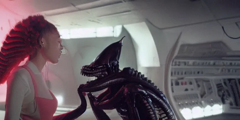 Image similar to film still of doja cat in Alien, xenomorph holding onto her tight, full-shot, 4k