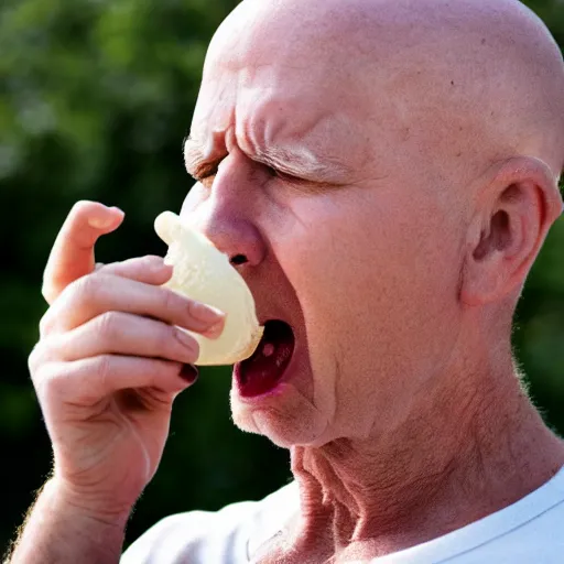 Image similar to old bald guy angrily eating ice cream