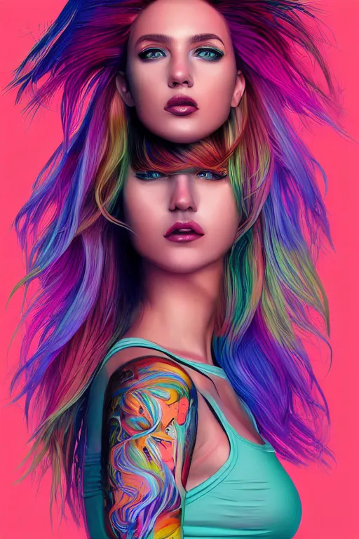 Image similar to a award winning half body portrait of a beautiful woman with stunning eyes in a printed croptop and cargo pants with rainbow colored ombre hairstyle head in motion and hair flying by josan gonzales, outrun, vaporware, shaded flat illustration, digital art, trending on artstation, highly detailed, fine detail, intricate