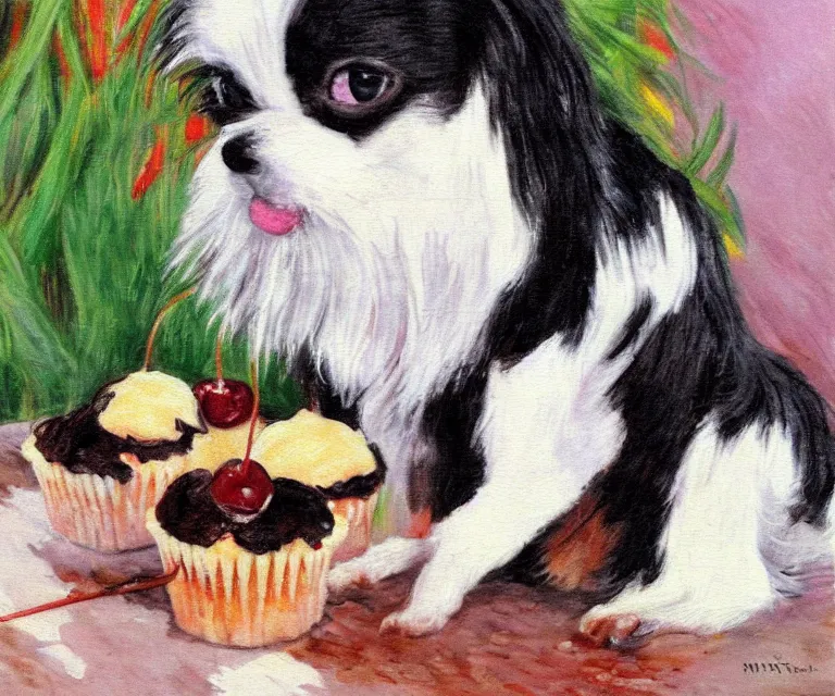 Image similar to white and black japanese chin dog eating cherry muffins, water painting, monet