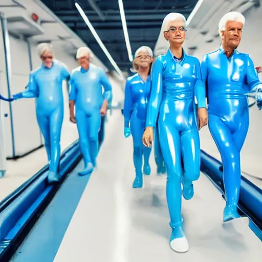 Image similar to troop in formation of athletic humans with light blue latex suits and white hair on a conveyor belt, futuristic chemistry lab, sci - fi, highly detailed, hyperrealistic