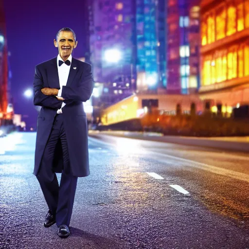 Image similar to a still of Barak Obama. Shallow depth of field. City at night in background, lights, colors ,studio lighting, mood, 4K. Profession photography